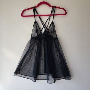 Victoria’s Secret Black Lace Babydoll Cami Dress lingerie nightie Medium sheer